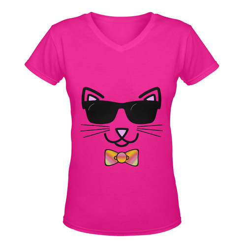 Cool Cat Wearing Bow Tie and Sunglasses Women's Deep V-neck T-shirt (Model T19)