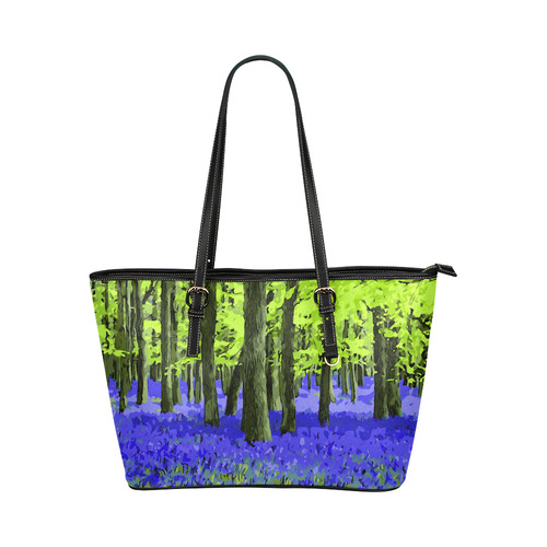 Blue Undergrowth Floral Forest Landscape Leather Tote Bag/Small (Model 1651)