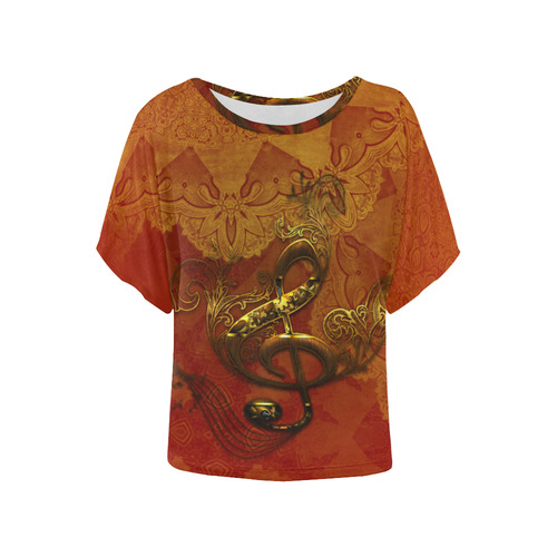 Music, clef in golden metal Women's Batwing-Sleeved Blouse T shirt (Model T44)