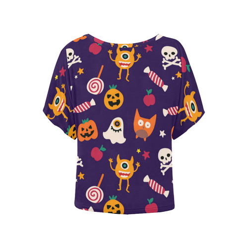 Cute Halloween Pattern Ghosts Pumpkins Candy Skull Women's Batwing-Sleeved Blouse T shirt (Model T44)