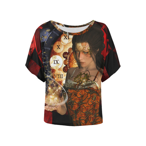 Beautiful steampunk lady Women's Batwing-Sleeved Blouse T shirt (Model T44)