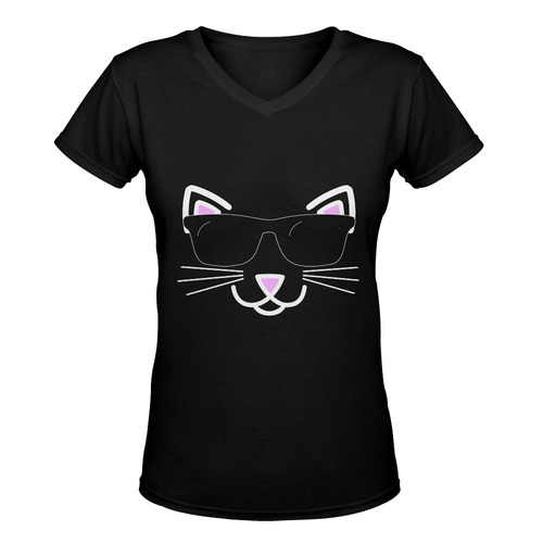 Cool Cat Wearing Sunglasses Women's Deep V-neck T-shirt (Model T19)