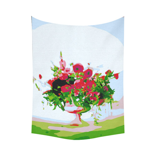 Floral Watercolor Red Flowers in Vase Cotton Linen Wall Tapestry 60"x 80"