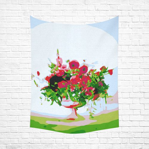 Floral Watercolor Red Flowers in Vase Cotton Linen Wall Tapestry 60"x 80"