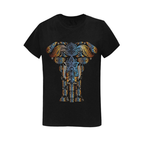 Blue tribal Elephant on black Women's T-Shirt in USA Size (Two Sides Printing)
