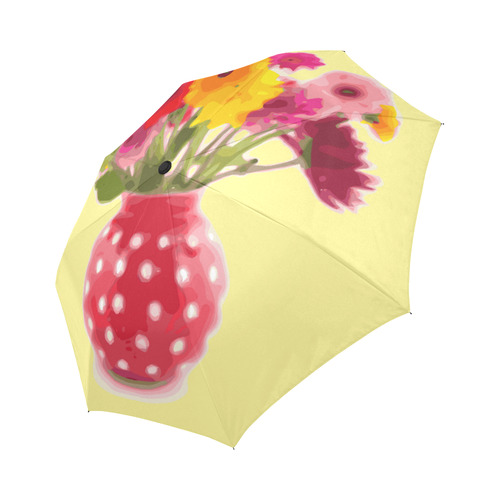 Cute Floral Red White Polka Dot Vase Auto-Foldable Umbrella (Model U04)