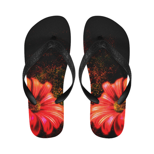 Red Abstract Daisy on Black Background Flip Flops for Men/Women (Model 040)