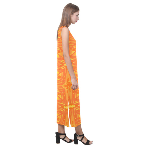 Orange and Yellow Tribal Phaedra Sleeveless Open Fork Long Dress (Model D08)