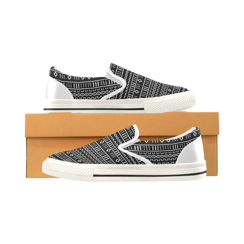 Black and White Modern Mudcloth Slip-on Canvas Shoes for Kid (Model 019)