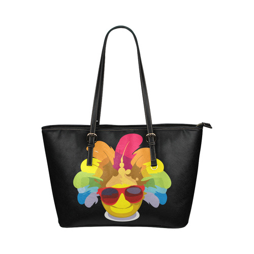 Cool Smiley With Sunglasses & Feathers Leather Tote Bag/Small (Model 1651)