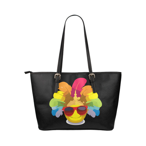 Cool Smiley With Sunglasses & Feathers Leather Tote Bag/Small (Model 1651)