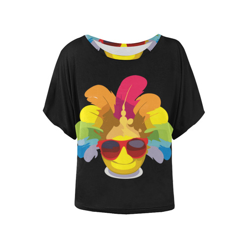 Cool Smiley With Sunglasses & Feathers Women's Batwing-Sleeved Blouse T shirt (Model T44)