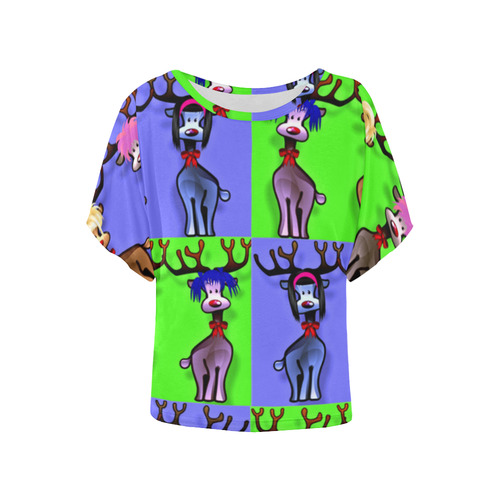Funny Reindeer Gals on blue and green Women's Batwing-Sleeved Blouse T shirt (Model T44)