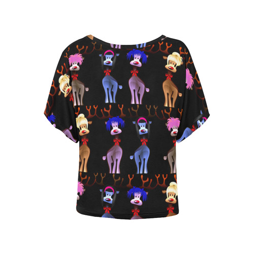 Funny Reindeer Gals on black Women's Batwing-Sleeved Blouse T shirt (Model T44)