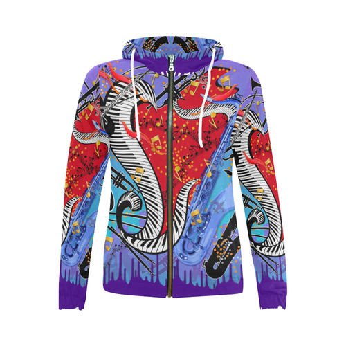 Colorful Music Print Colorful Hoodie by Juleez All Over Print Full Zip Hoodie for Women (Model H14)