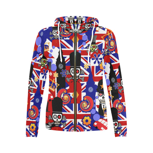 UK London Flag Brit Sugar Skull All Over Print Full Zip Hoodie for Women (Model H14)