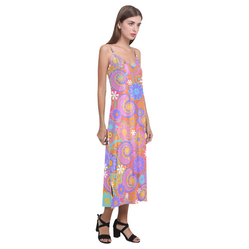 Fun Flowers Print V-Neck Open Fork Long Dress(Model D18)