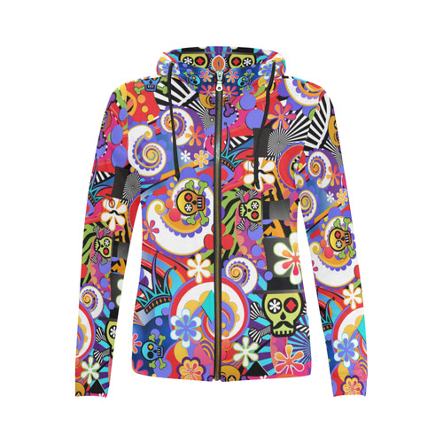 Juleez Sugar Skull Pop Art Colorful Print All Over Print Full Zip Hoodie for Women (Model H14)