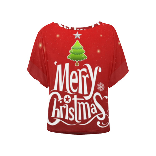Merry Christmas Tree Star Snow Women's Batwing-Sleeved Blouse T shirt (Model T44)