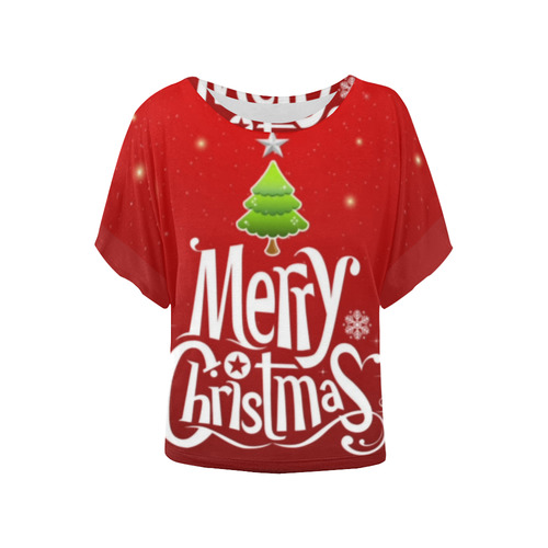 Merry Christmas Tree Star Snow Women's Batwing-Sleeved Blouse T shirt (Model T44)