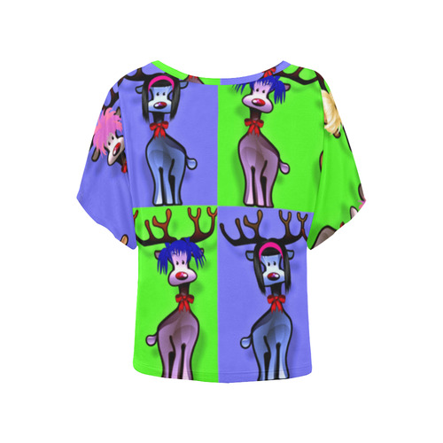 Funny Reindeer Gals on blue and green Women's Batwing-Sleeved Blouse T shirt (Model T44)
