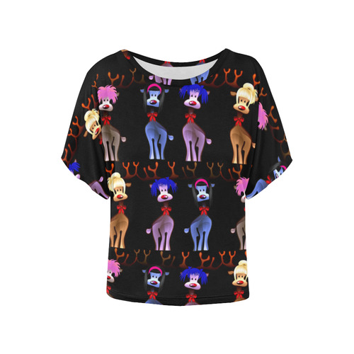 Funny Reindeer Gals on black Women's Batwing-Sleeved Blouse T shirt (Model T44)