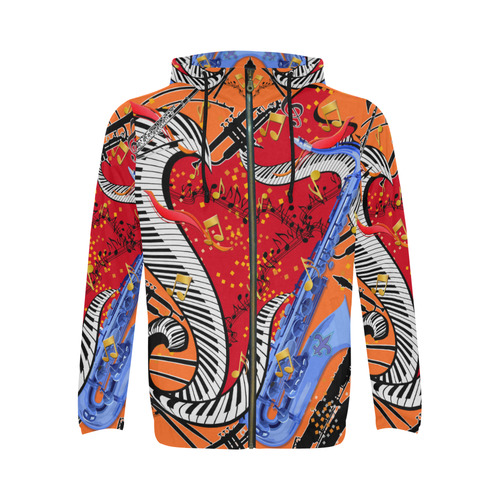 Men's Jazzy Music Print Zip Hoodie All Over Print Full Zip Hoodie for Men (Model H14)