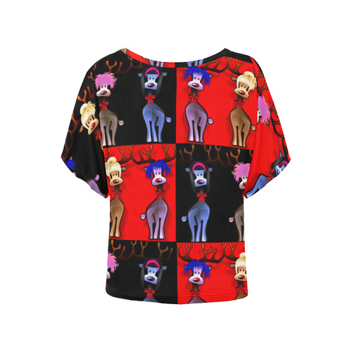 Funny Reindeer Gals on black and  red Women's Batwing-Sleeved Blouse T shirt (Model T44)