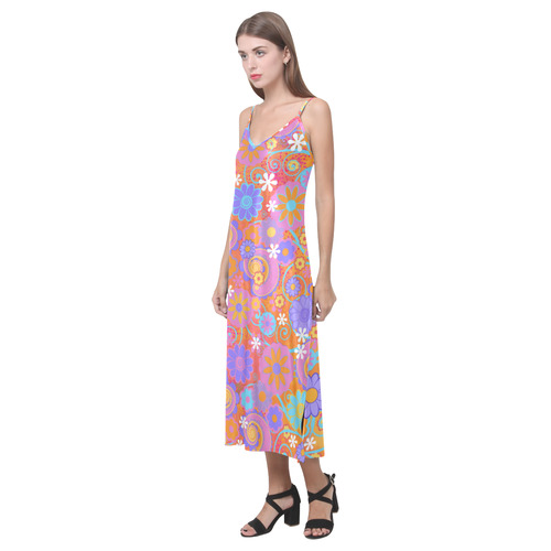 Fun Flowers Print V-Neck Open Fork Long Dress(Model D18)