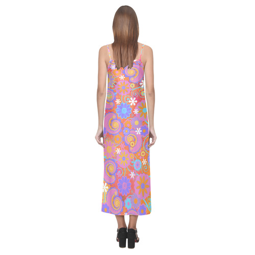 Fun Flowers Print V-Neck Open Fork Long Dress(Model D18)