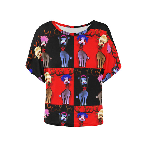 Funny Reindeer Gals on black and  red Women's Batwing-Sleeved Blouse T shirt (Model T44)