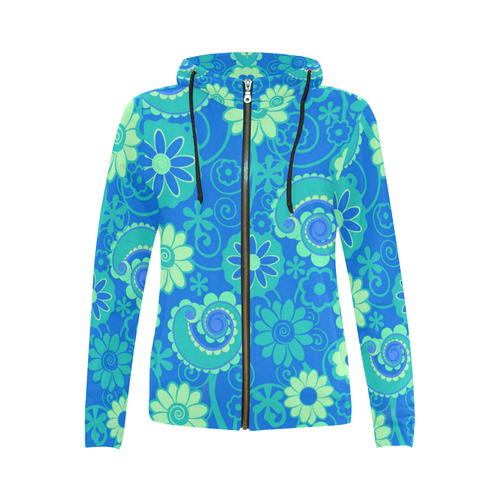 Blue Green Fun Flowers Print All Over Print Full Zip Hoodie for Women (Model H14)