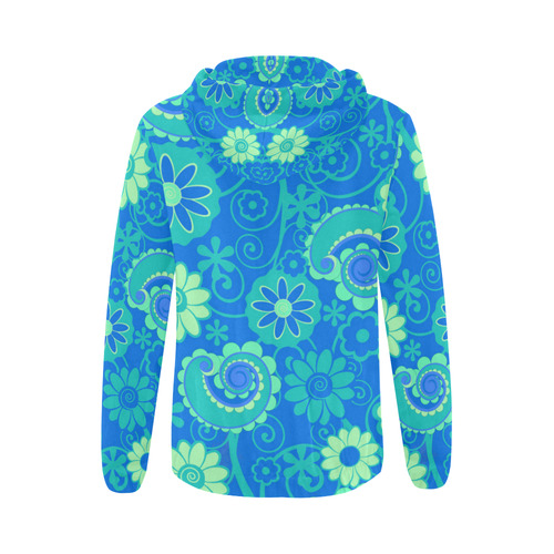 Blue Green Fun Flowers Print All Over Print Full Zip Hoodie for Women (Model H14)