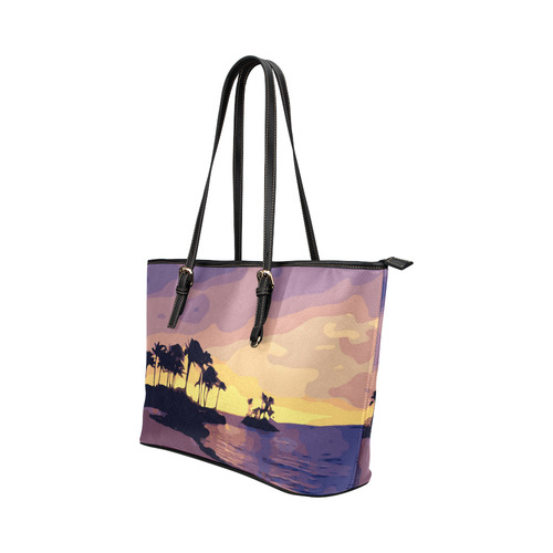 Tropical Beach Palm Trees Sunset Leather Tote Bag/Small (Model 1651)