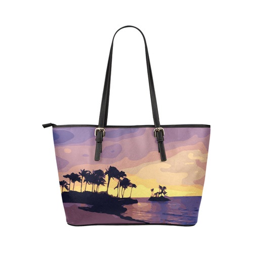 Tropical Beach Palm Trees Sunset Leather Tote Bag/Small (Model 1651)