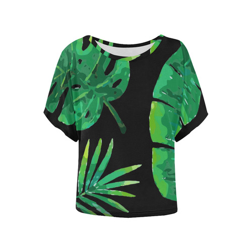 Tropical Green Leaves Banana Monstera Palm Women's Batwing-Sleeved Blouse T shirt (Model T44)