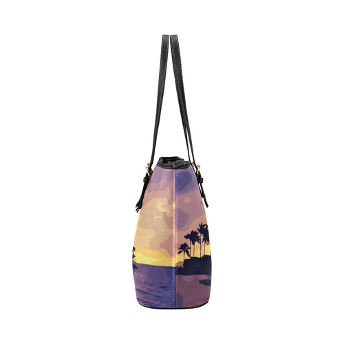 Tropical Beach Palm Trees Sunset Leather Tote Bag/Small (Model 1651)