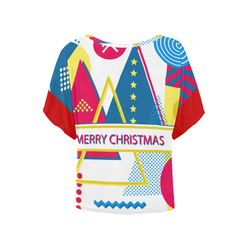 Merry Christmas Memphis Style Red Blue Yellow Women's Batwing-Sleeved Blouse T shirt (Model T44)