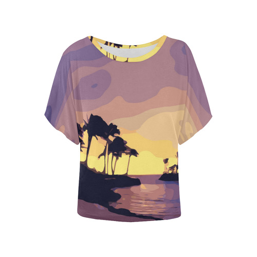 Tropical Beach Palm Trees Sunset Women's Batwing-Sleeved Blouse T shirt (Model T44)