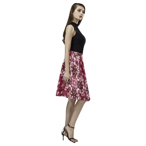 Boho Red Fancy Tiles Melete Pleated Midi Skirt (Model D15)