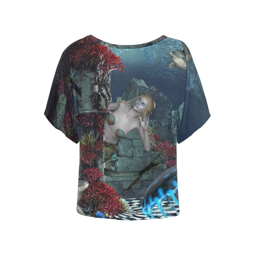 Beautiful mermaid swimming with dolphin Women's Batwing-Sleeved Blouse T shirt (Model T44)