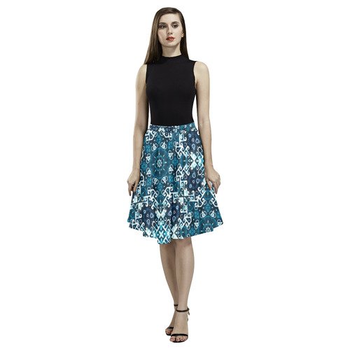 Boho Blue Fancy Tiles Melete Pleated Midi Skirt (Model D15)