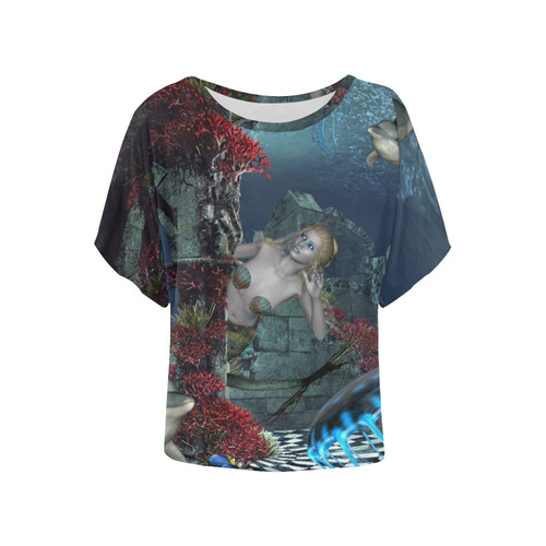 Beautiful mermaid swimming with dolphin Women's Batwing-Sleeved Blouse T shirt (Model T44)