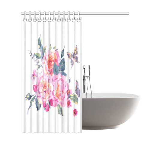 Pink Roses Butterfly Floral Shower Curtain 69"x72"