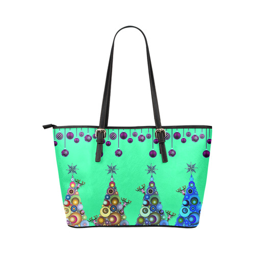 Peek a boo Reindeers on green Leather Tote Bag/Small (Model 1651)