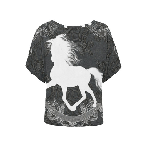 Horse, black and white Women's Batwing-Sleeved Blouse T shirt (Model T44)