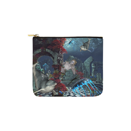 Beautiful mermaid swimming with dolphin Carry-All Pouch 6''x5''