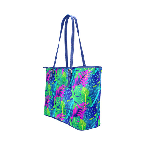 Green Blue Pink Tropical Leaves Pattern Leather Tote Bag/Small (Model 1651)