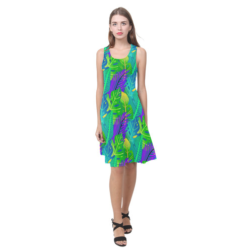 Indigo Green Orange Tropical Leaves Floral Atalanta Casual Sundress(Model D04)