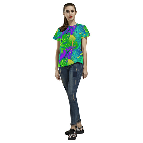 Indigo Green Orange Tropical Leaves Floral All Over Print T-Shirt for Women (USA Size) (Model T40)